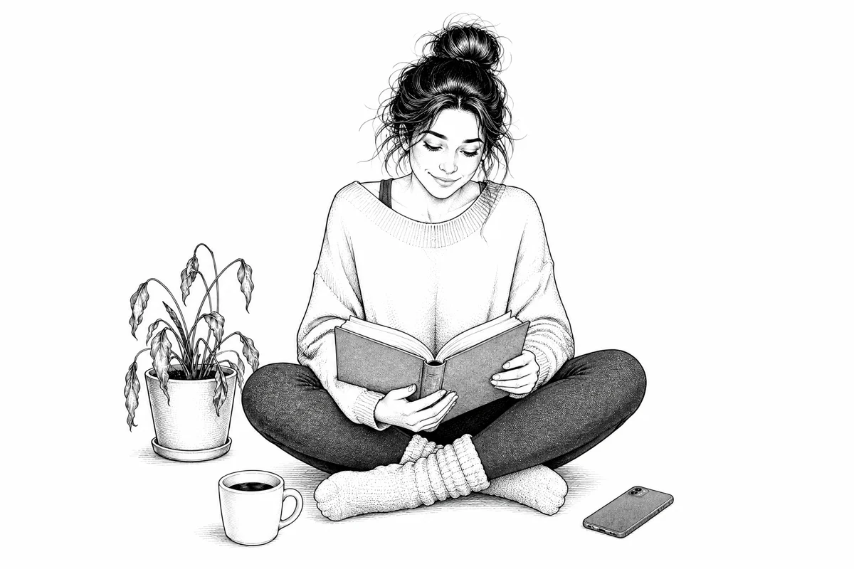 Mujer leyendo sentada en el suelo, con moño despeinado, jersey oversize, planta marchita y taza de café