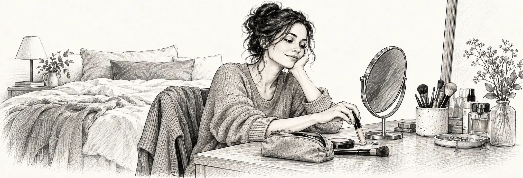 Ilustración en grafito: Una mujer cansada ante un espejo, con corrector y una cama al fondo.