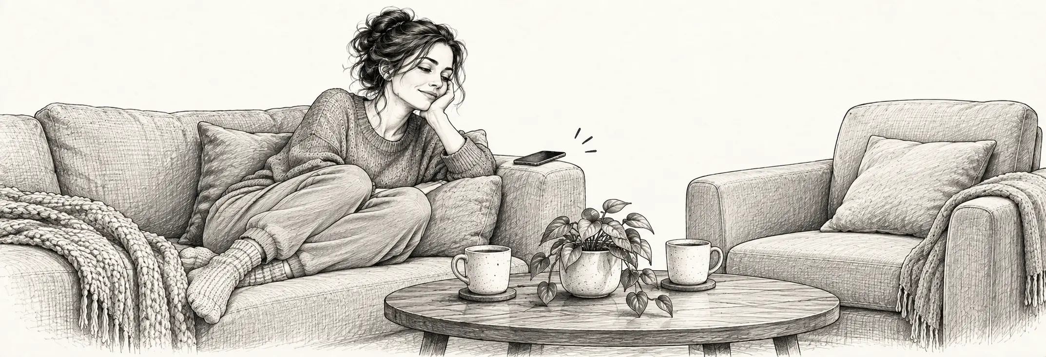 Ilustración en grafito: Una mujer y un móvil junto a dos asientos y dos tazas, evocando una conversación pendiente.