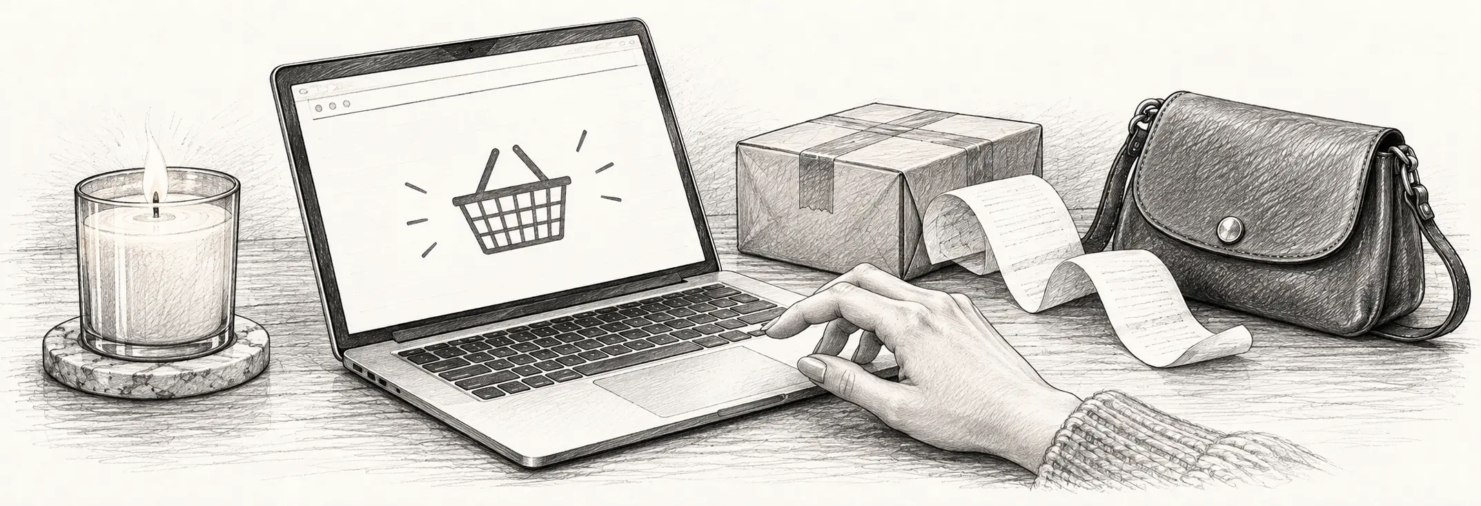 Ilustración en grafito: Un portátil con un carrito de compra, una vela, un paquete y un recibo.