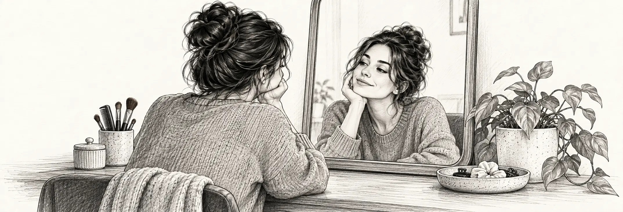 Ilustración en grafito: Una mujer mirándose con serenidad en un espejo junto a una planta.