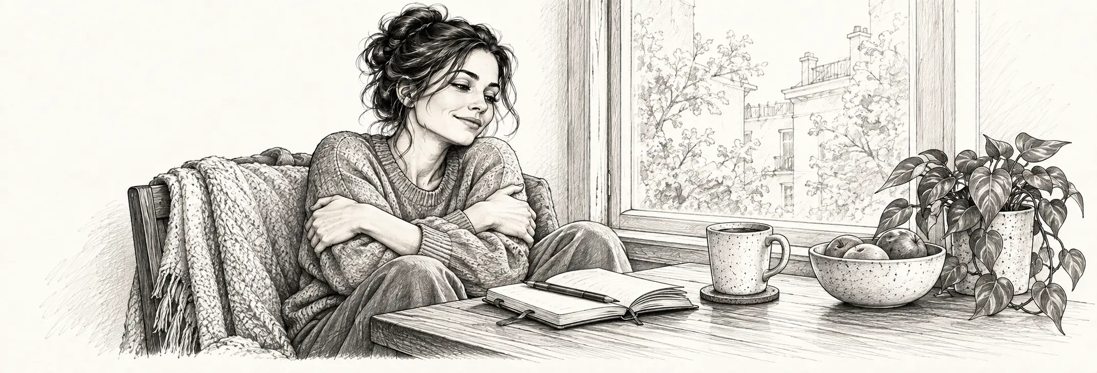 Ilustración en grafito: Una mujer abrazándose con calma junto a una ventana.