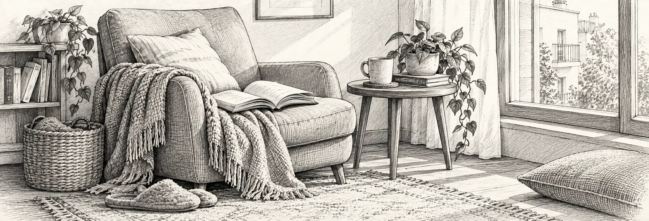 Ilustración en grafito: Un rincón de casa vivido, con sillón, manta, libro y luz de una ventana.