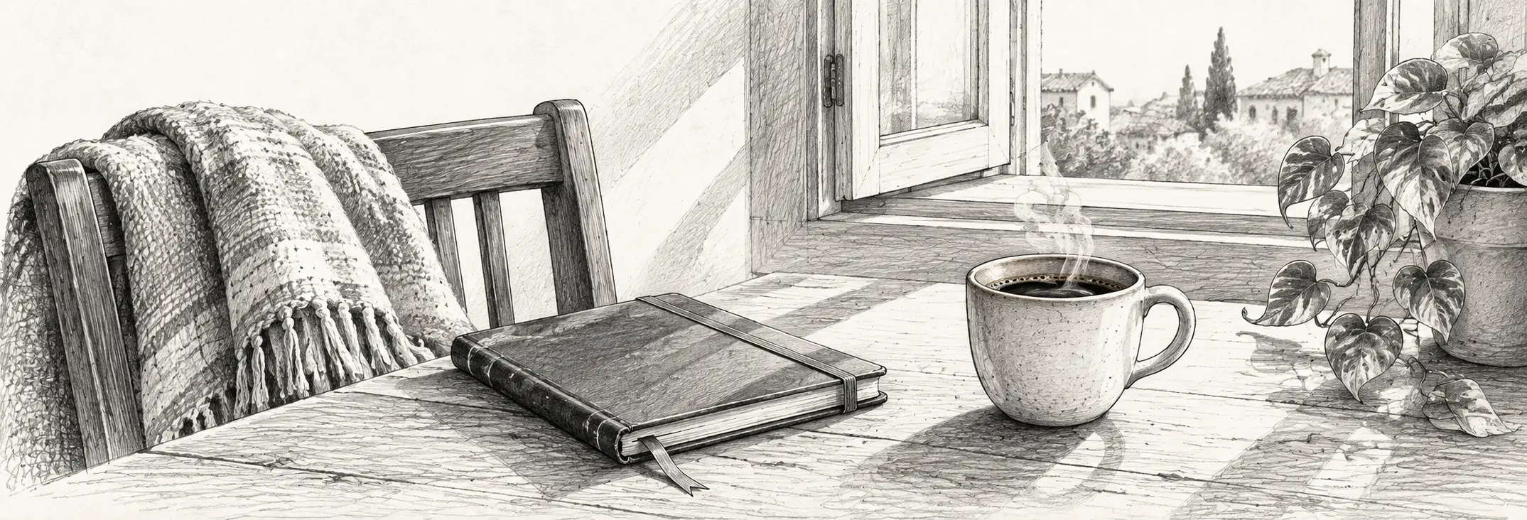 Ilustración en grafito: Una taza junto a una ventana iluminada y una manta sobre una silla.