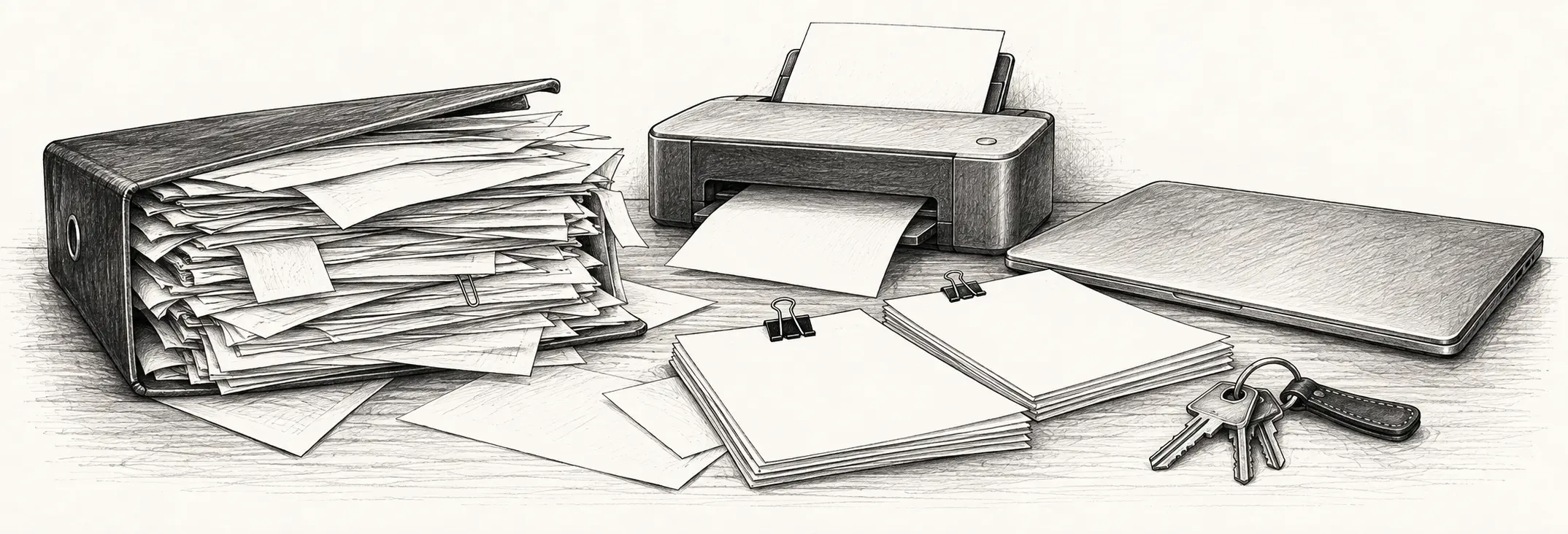 Ilustración en grafito: Una carpeta de documentos, impresora y formularios de trámites.
