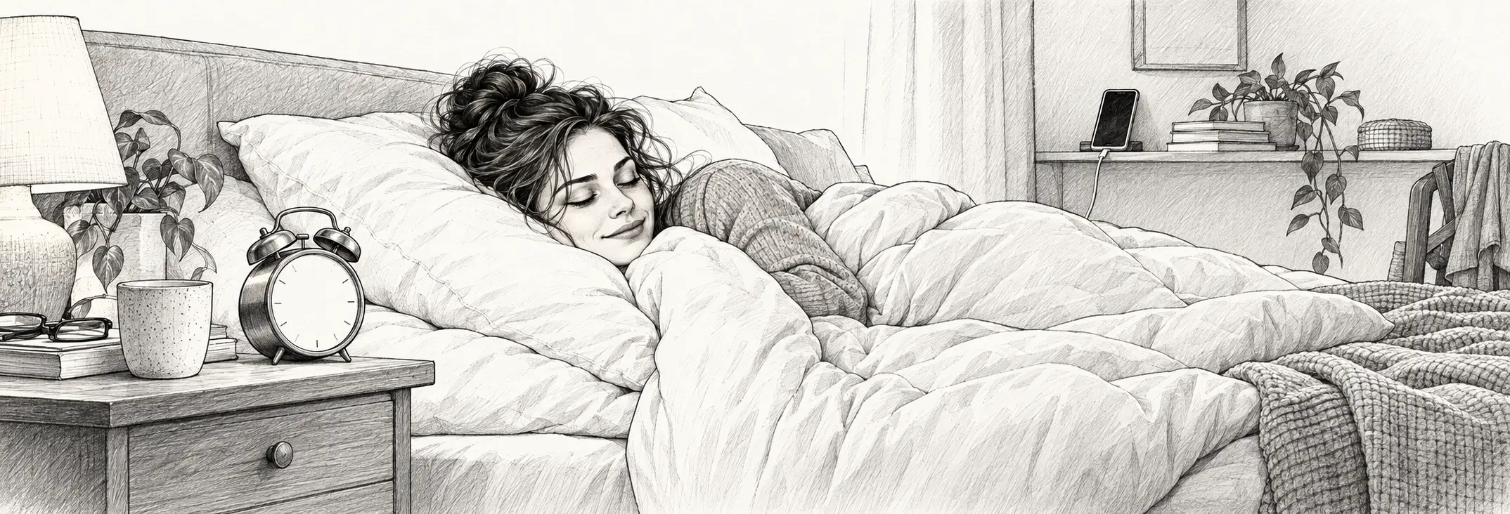 Ilustración en grafito: Una mujer bajo el edredón, con despertador y móvil lejos de la cama.