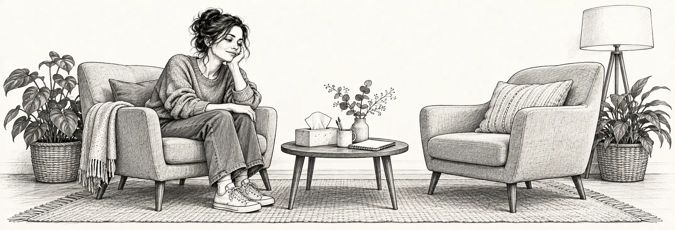 Ilustración en grafito: Dos sillones de conversación, pañuelos y una mujer pensativa.