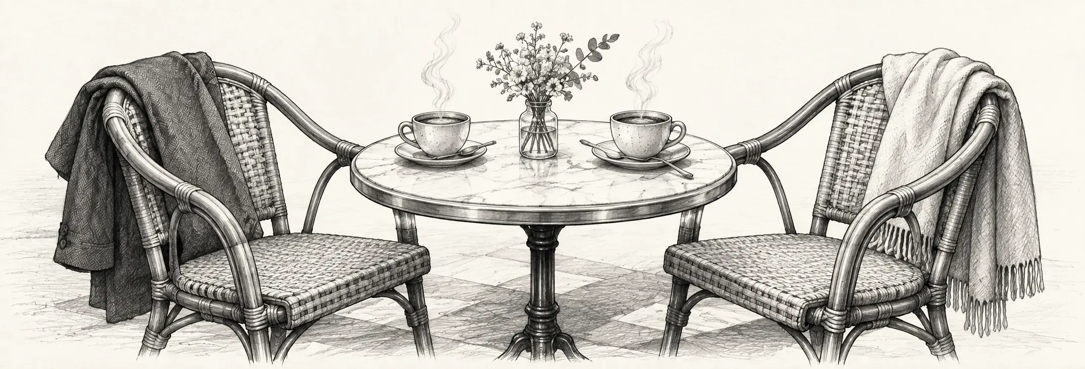 Ilustración en grafito: Dos sillas de café, dos tazas y dos abrigos, evocando un encuentro tranquilo.