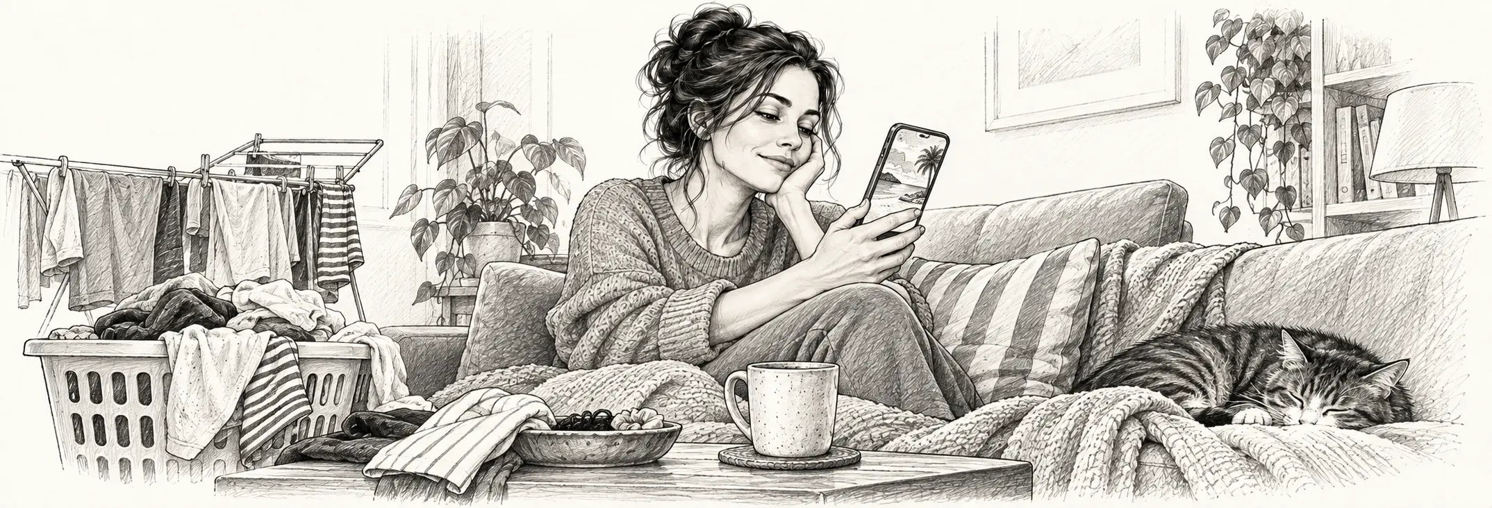 Ilustración en grafito: Una mujer en su casa mirando una imagen idealizada en el móvil.