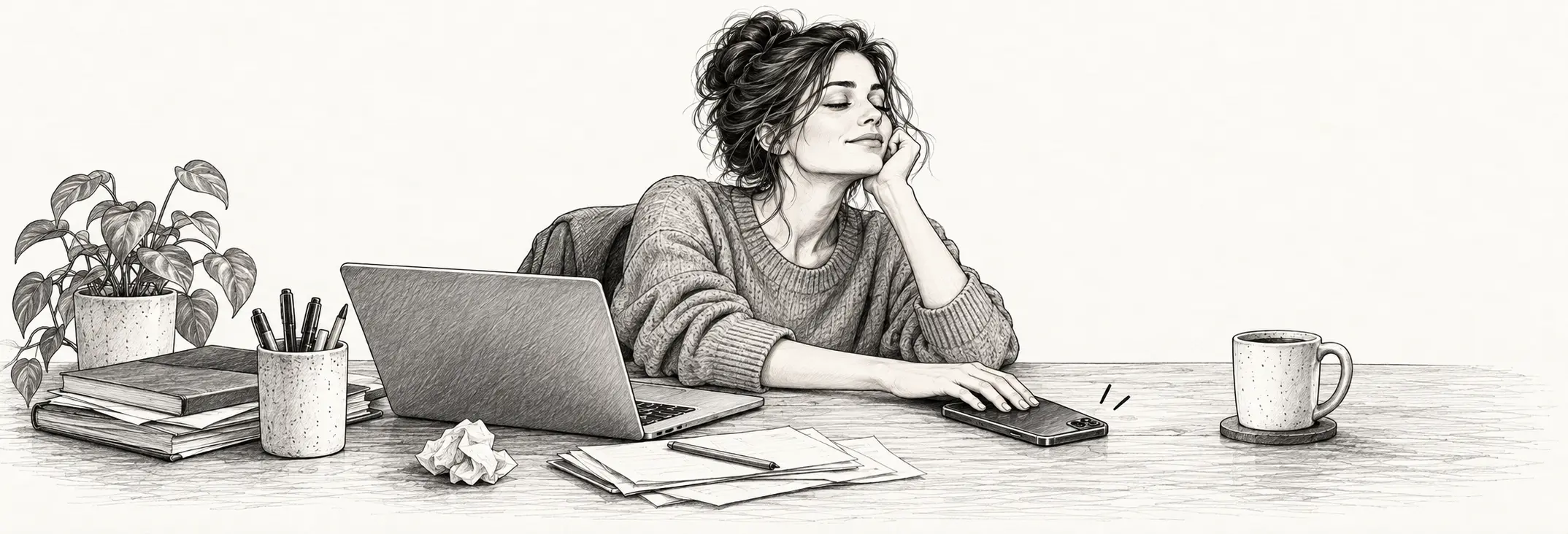 Ilustración en grafito: Una mujer dejando el móvil boca abajo tras tomar una decisión.