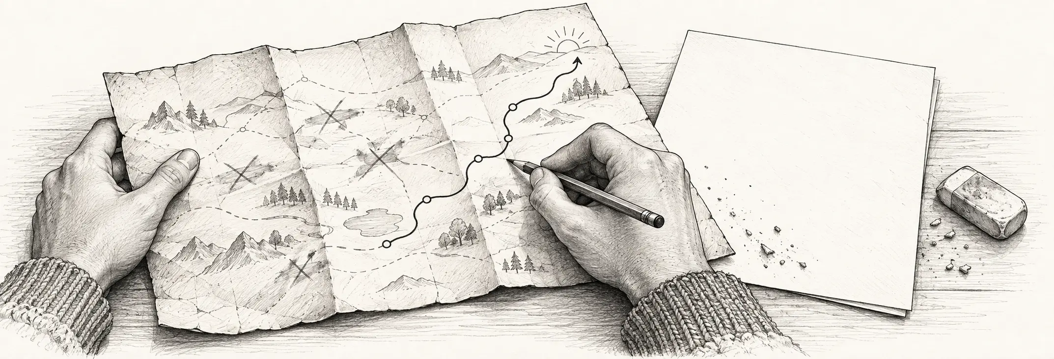 Ilustración en grafito: Unas manos revisando un mapa antiguo y trazando una ruta nueva.